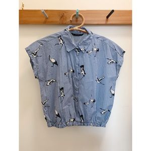 Zara striped bird pattern button down crop top, XL